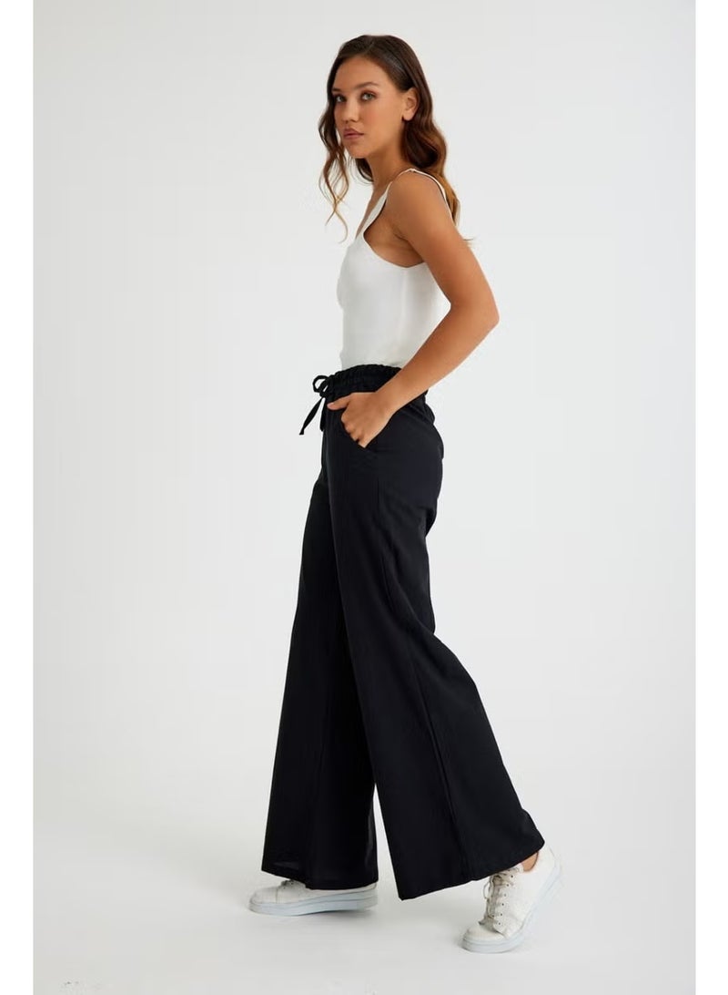 Barbora Linen Casual Trousers with Elastic Waistband and Lace-Up LN12BLACK2 - Image 3